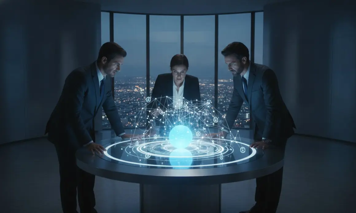 Three strategists leaning over a table studying market data