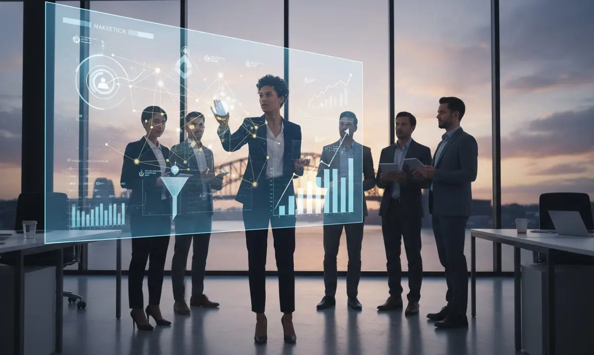 A marketing team reviewing performance charts in an office overlooking Sydney